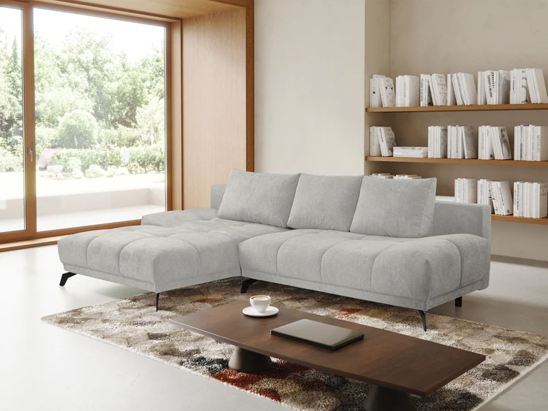 Ecksofa mit Schlaffunktion Felipe L-förmig linksseitig mit Stauraum hellgrauer hydrophober Chenillestoff