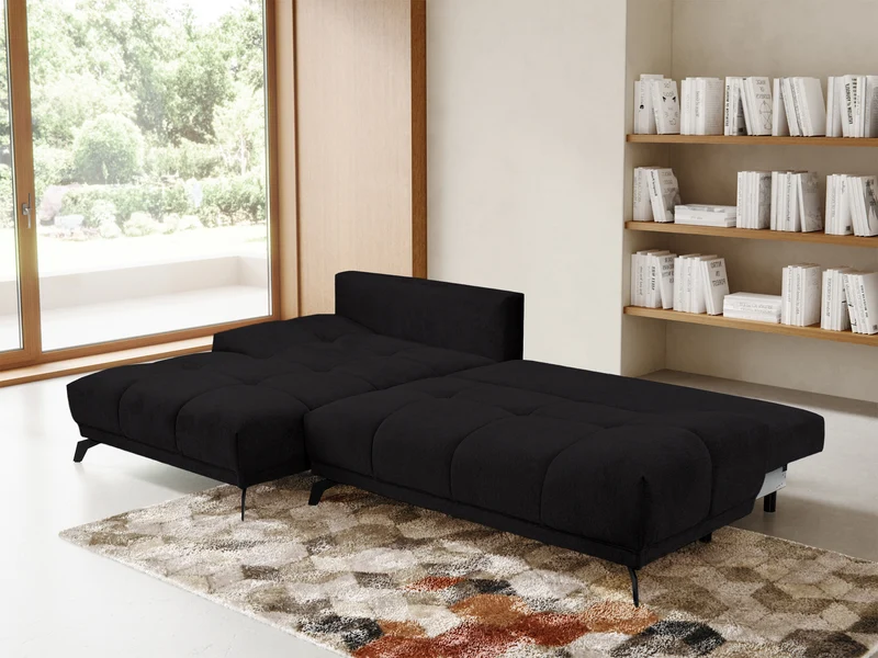 Ecksofa mit Schlafunktion Felipe, L-förmig, linksseitig, mit Stauraum, schwarzer hydrophober Chenille-Stoff