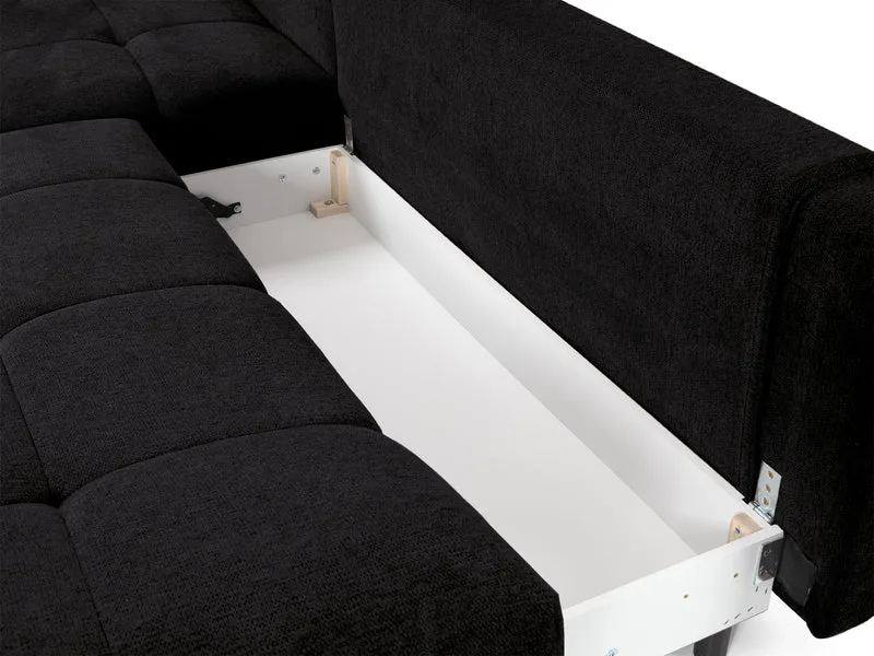 Ecksofa mit Schlafunktion Felipe, L-förmig, linksseitig, mit Stauraum, schwarzer hydrophober Chenille-Stoff