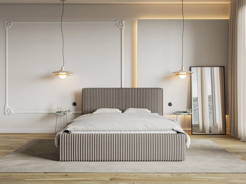 Polsterbett 140x200 cm Tilio mit Stauraum, Metallrahmen, grau-beige, dicker Cordstoff