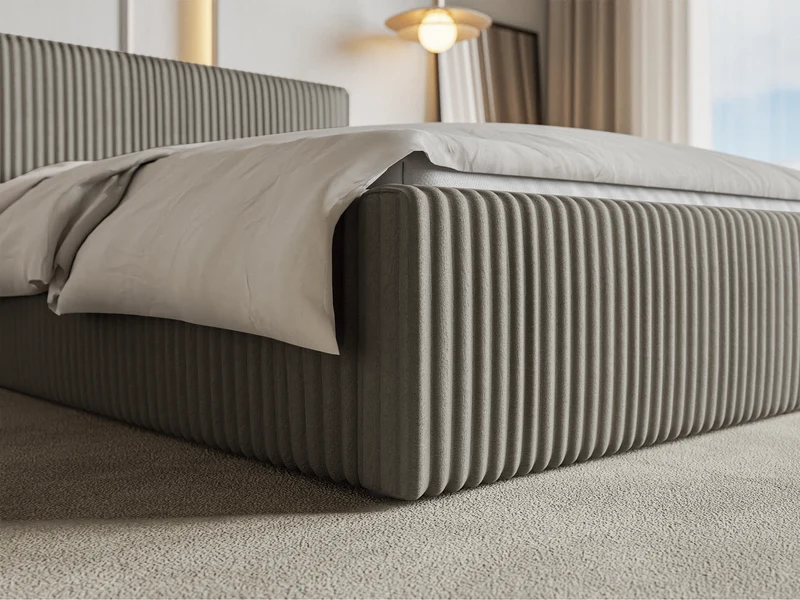 Polsterbett 140x200 cm Tilio mit Stauraum, Metallrahmen, grau-beige, dicker Cordstoff