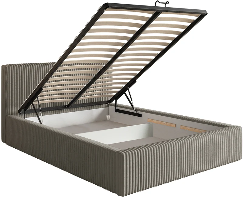 Polsterbett 140x200 cm Tilio mit Stauraum, Metallrahmen, grau-beige, dicker Cordstoff