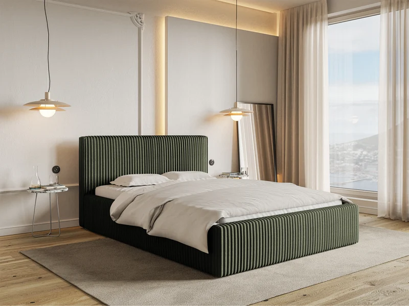 Polsterbett 180x200 cm Tilio mit Stauraum, Metallrahmen, olivgrüner dicker Cordstoff
