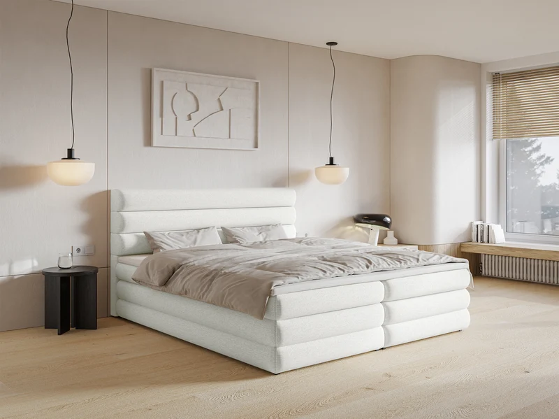 Kontinentalbett 180x200 cm Alegre mit Topper und zwei Stauraumfächern, weiß, hydrophobes Chenille