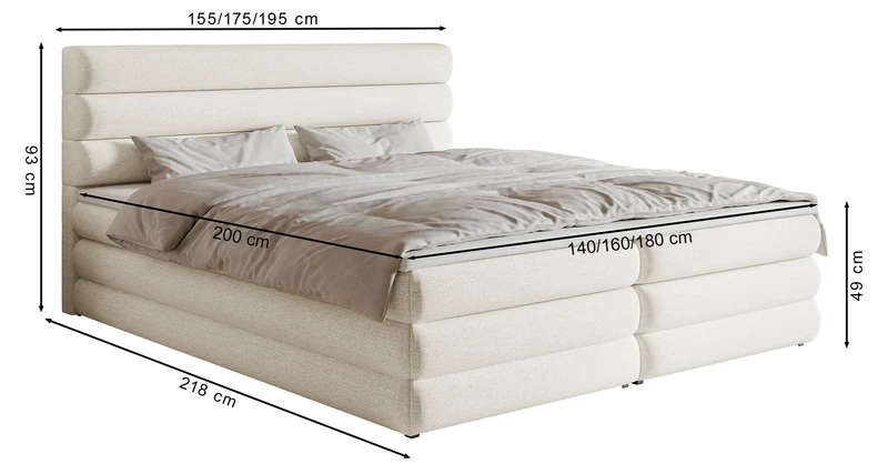 Kontinentales Bett 140x200 cm Alegre mit Topper und zwei Aufbewahrungsboxen, hellbeiger hydrophober Chenillestoff