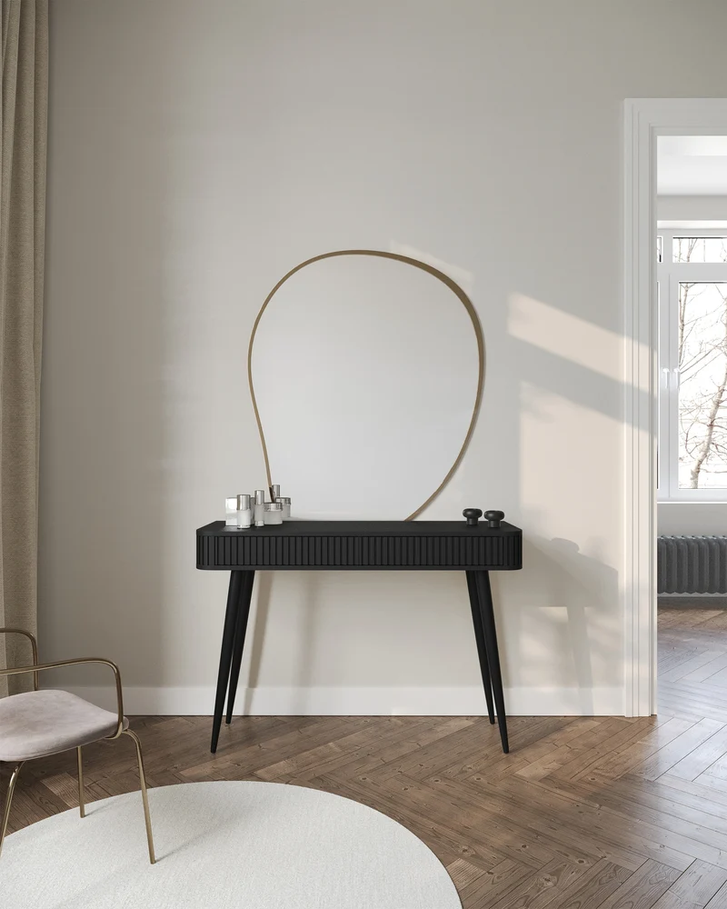 Ovarlo Schminktisch mit Rillen und zwei Schubladen, 113 cm, schwarz mit schwarzen Beinen