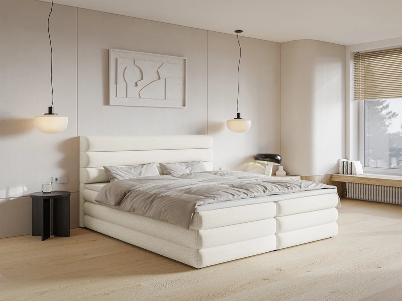 Kontinentales Bett 140x200 cm Alegre mit Topper und zwei Aufbewahrungsboxen, hellbeiger hydrophober Chenillestoff