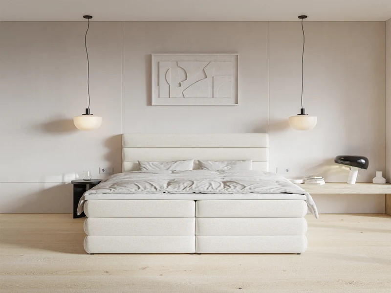 Kontinentales Bett 140x200 cm Alegre mit Topper und zwei Aufbewahrungsboxen, hellbeiger hydrophober Chenillestoff