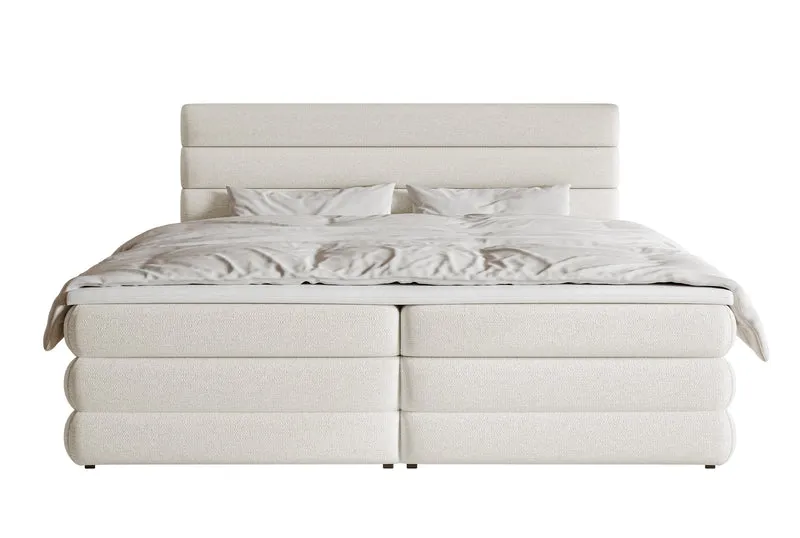 Kontinentales Bett 140x200 cm Alegre mit Topper und zwei Aufbewahrungsboxen, hellbeiger hydrophober Chenillestoff