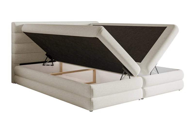 Kontinentales Bett 140x200 cm Alegre mit Topper und zwei Aufbewahrungsboxen, hellbeiger hydrophober Chenillestoff
