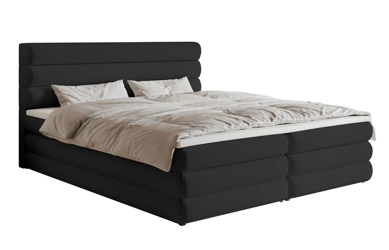 Kontinentales Bett 160x200 cm Alegre mit Topper und zwei Stauraumfächern, schwarzer hydrophober Chenillebezug