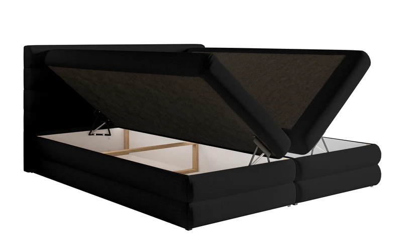 Kontinentales Bett 160x200 cm Alegre mit Topper und zwei Stauraumfächern, schwarzer hydrophober Chenillebezug