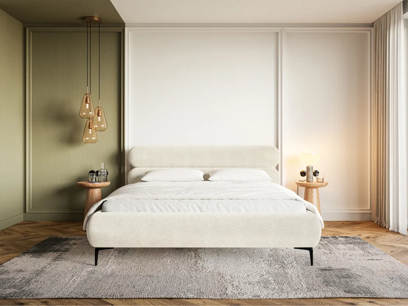 Polsterbett 180x200 cm Roule, cremefarbener Velours, wasserabweisend, schwarze Beine