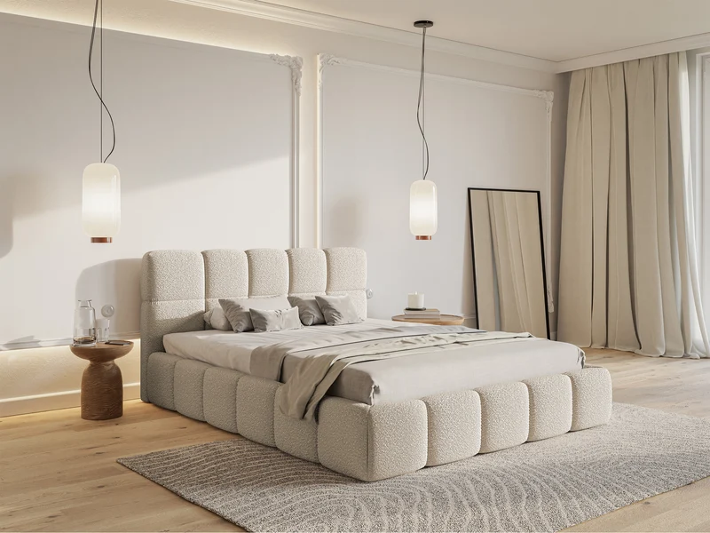 Polsterbett 140x200 cm Cloudy mit Stauraum, hellbeige Bouclé