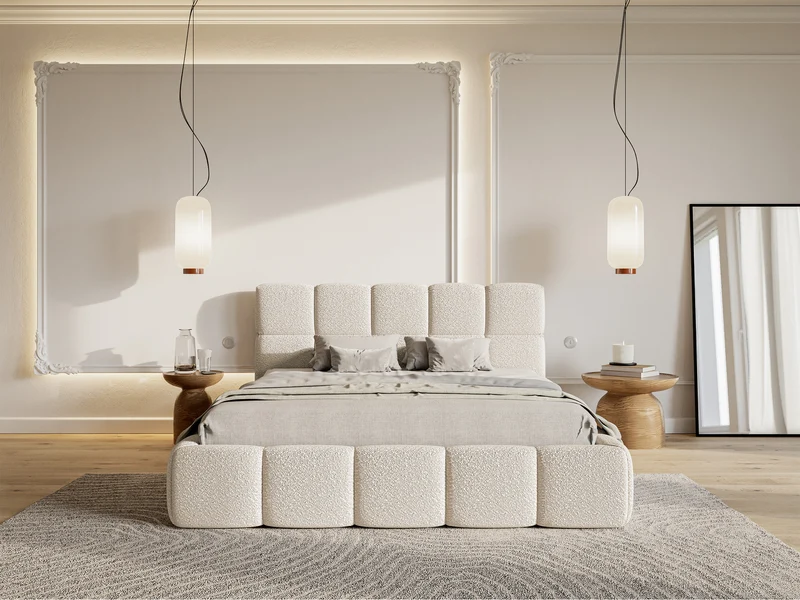 Polsterbett 140x200 cm Cloudy mit Stauraum, hellbeige Bouclé