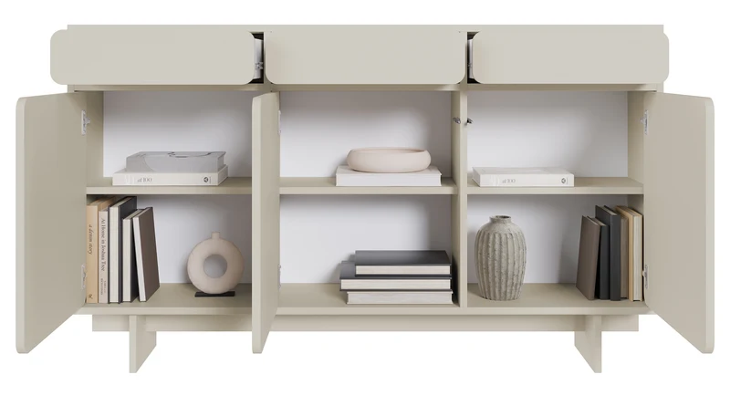 Drehtür-Kommode Wuwu mit drei Schubladen, 150 cm, grau-beige