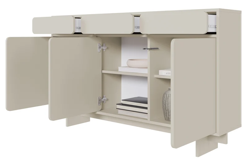 Drehtür-Kommode Wuwu mit drei Schubladen, 150 cm, grau-beige