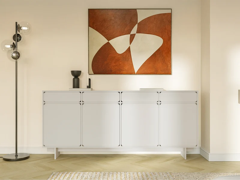 Vier­türige Kommode Wuwu mit vier Schubfächern, 200 cm, grau-beige