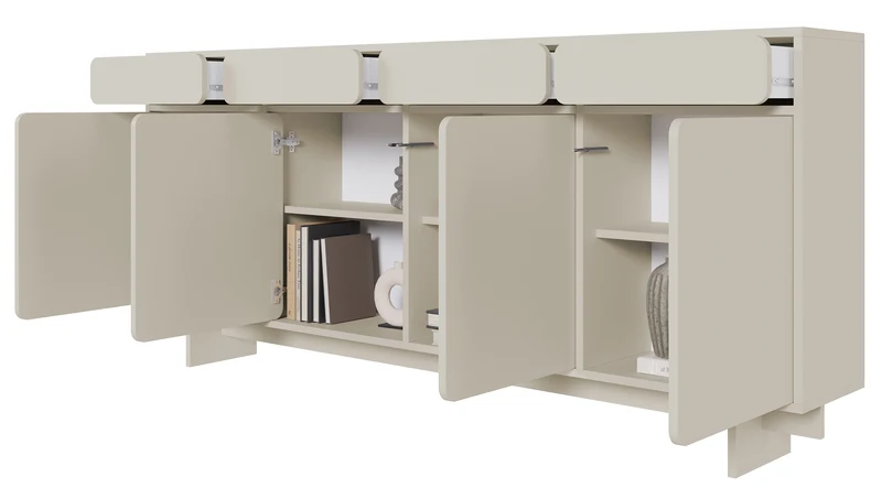 Vier­türige Kommode Wuwu mit vier Schubfächern, 200 cm, grau-beige