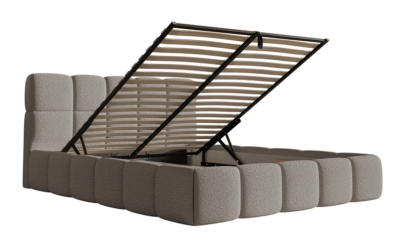 Gepolstertes Bett 160x200 cm Cloudy mit Stauraum, grauer Bouclé-Stoff