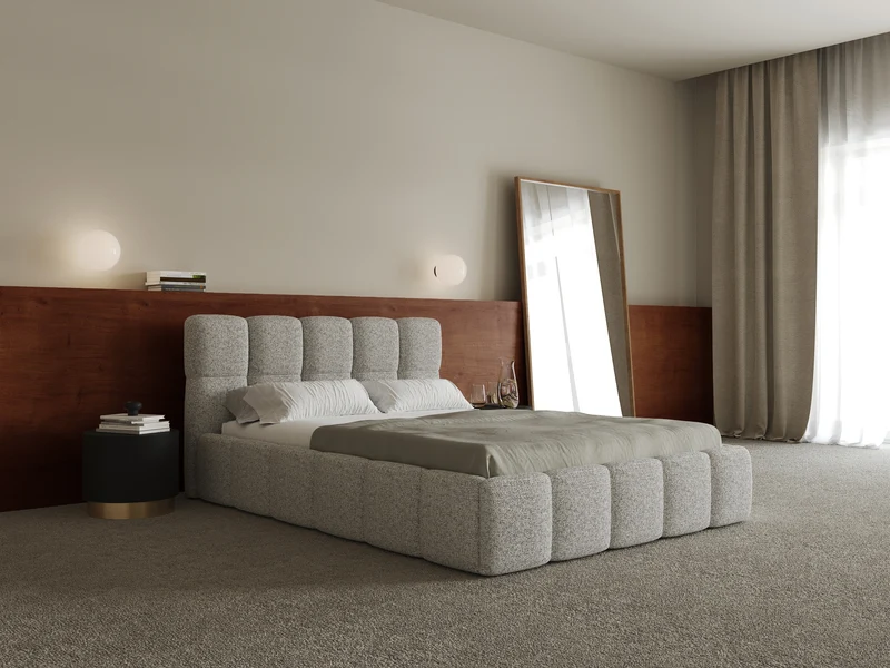 Polsterbett 140x200 cm Cloudy mit Stauraum, grau-beige Flechtmuster, Metallrahmen