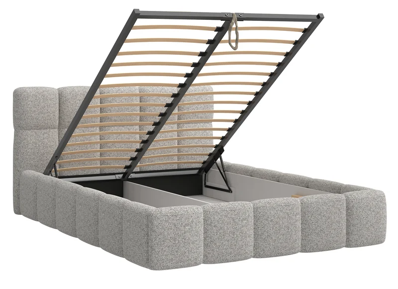 Polsterbett 140x200 cm Cloudy mit Stauraum, grau-beige Flechtmuster, Metallrahmen