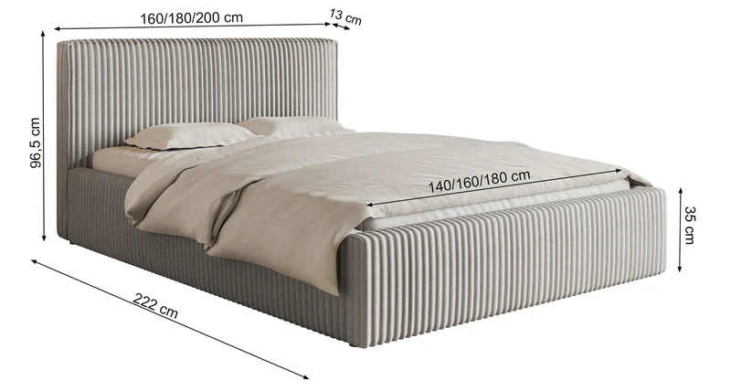 Polsterbett 160x200 cm Tilio mit Stauraum, Metallrahmen, hellbeige, dicker Cordstoff