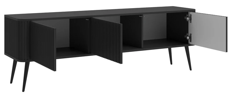TV-Schrank Ovarlo mit Rillen, dreitürig, 163 cm, schwarz mit schwarzen Beinen