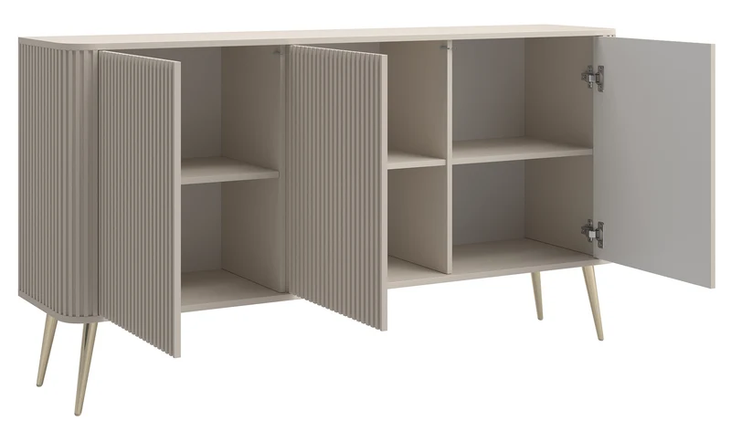 Kommode Ovarlo mit Fräsungen, dreitürig, 163 cm, sandbeige mit goldenen Beinen