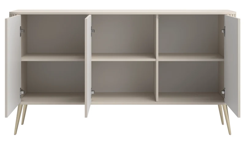 Kommode Ovarlo mit Fräsungen, dreitürig, 163 cm, sandbeige mit goldenen Beinen