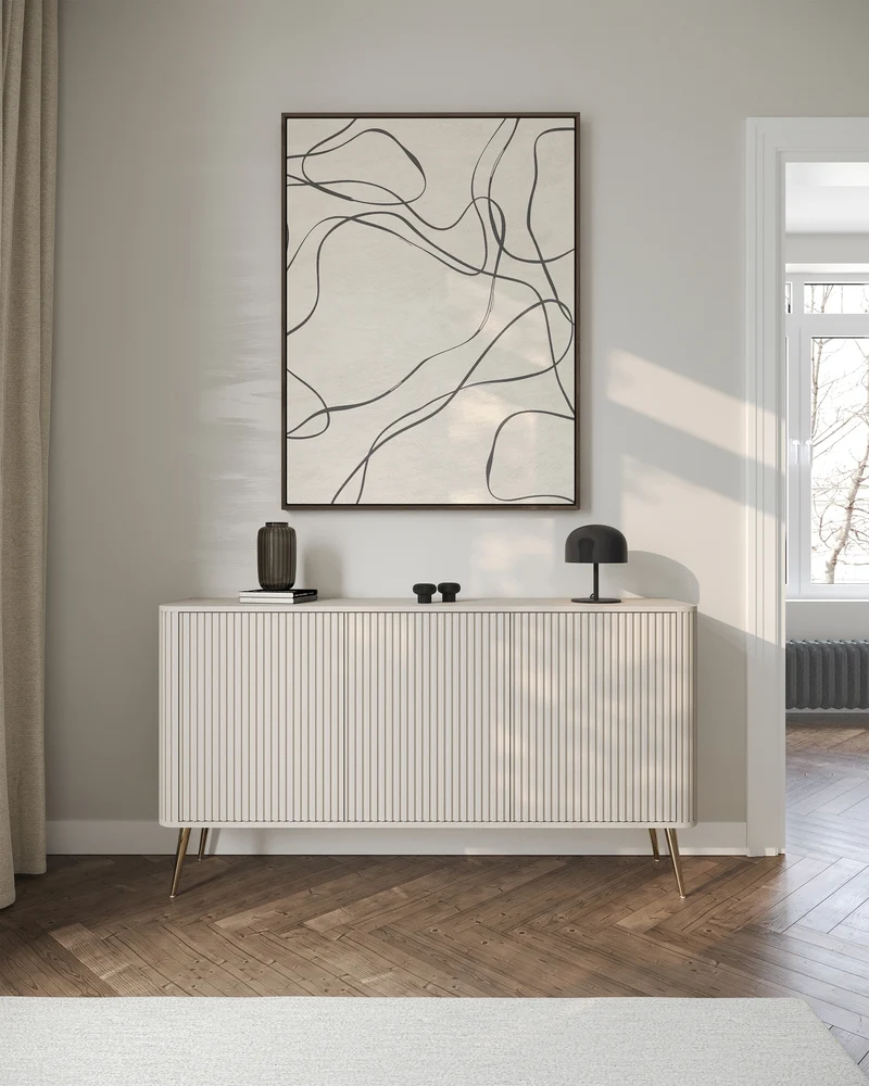 Kommode Ovarlo mit Fräsungen, dreitürig, 163 cm, sandbeige mit goldenen Beinen