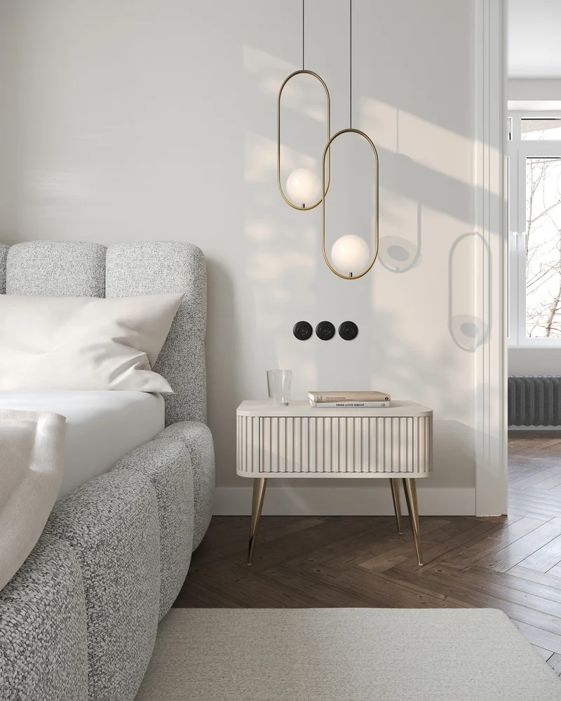 Nachttisch Ovarlo mit Rillen und Schublade, 63 cm, sandbeige mit goldenen Beinen