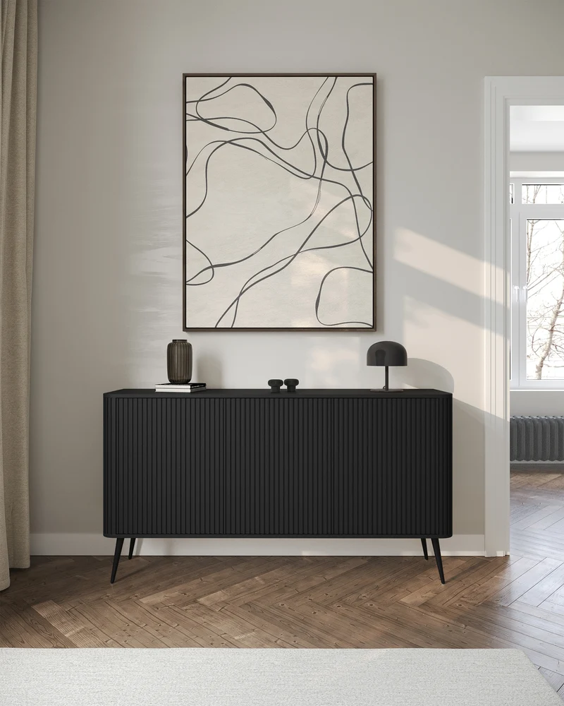 Kommode Ovarlo mit drei Türen, 163 cm, schwarz mit schwarzen Beinen