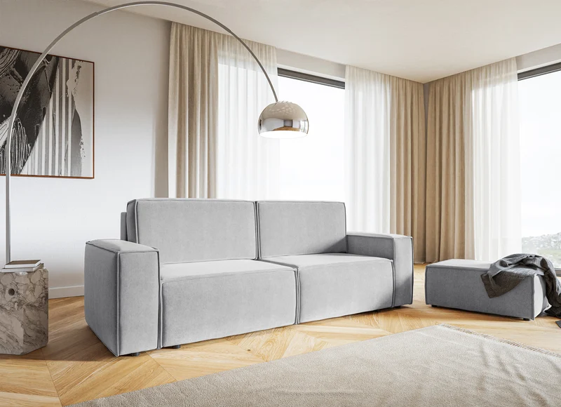 Dreisitziges Schlafsofa Copertino, hellgrauer Velours, wasserabweisend