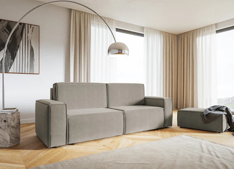 Dreisitziges Schlafsofa Copertino in Grau-Beige, wasserabweisender Samtstoff