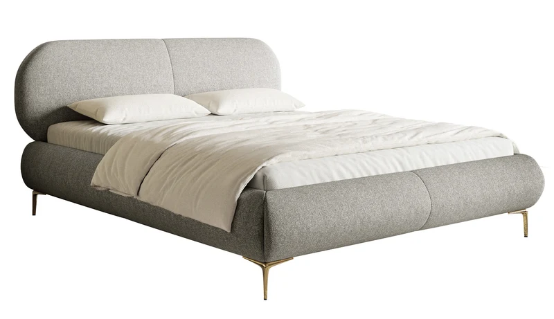 Gepolstertes Bett 160x200 cm Ovalle, graues wasserabweisendes Geflecht, goldene Beine
