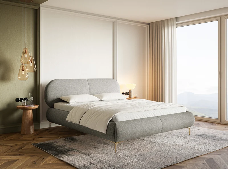 Gepolstertes Bett 160x200 cm Ovalle, graues wasserabweisendes Geflecht, goldene Beine