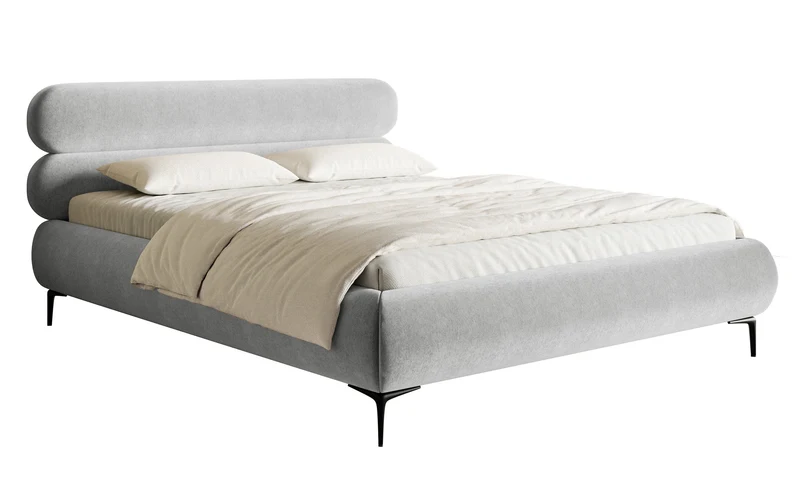 Gepolstertes Bett 180x200 cm Roule mit Stauraum, Metallrahmen, hellgrauer hydrophober Samt, schwarze Beine