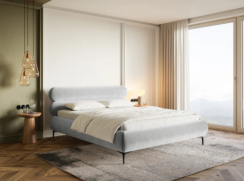 Gepolstertes Bett 180x200 cm Roule mit Stauraum, Metallrahmen, hellgrauer hydrophober Samt, schwarze Beine