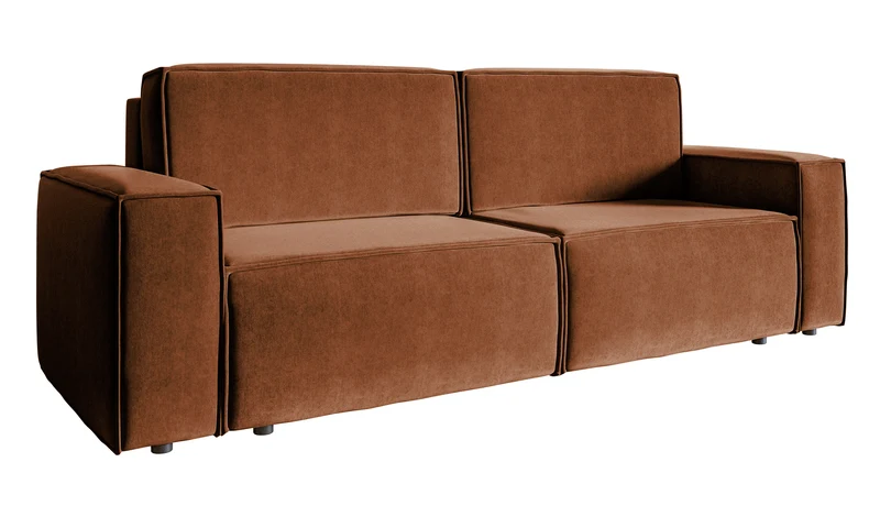 Dreisitziges ausklappbares Sofa Copertino, kupferfarbener Velours mit wasserabweisender Beschichtung