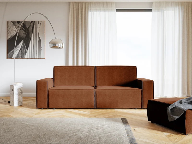 Dreisitziges ausklappbares Sofa Copertino, kupferfarbener Velours mit wasserabweisender Beschichtung