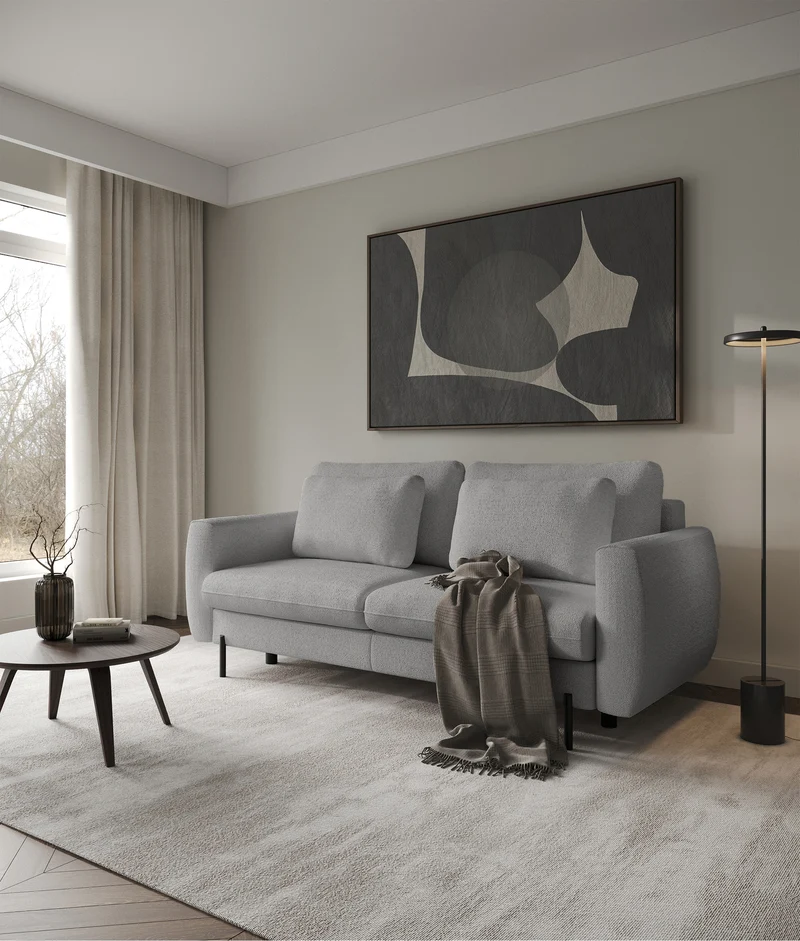 Dreisitziges ausklappbares Sofa Rane mit Stauraum, grauer hydrophober Chenille-Stoff
