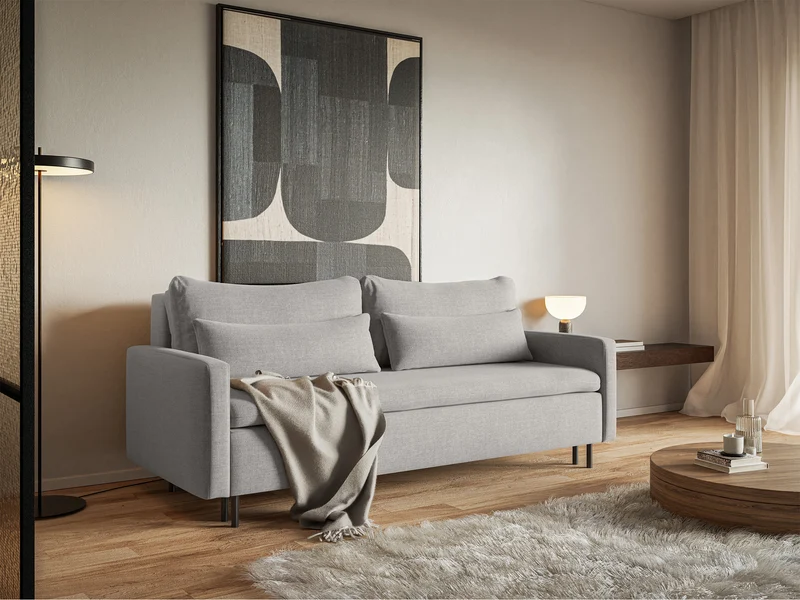 Dreisitziges ausklappbares Sofa Umpro mit Stauraum, grauer Chenille-Bezug