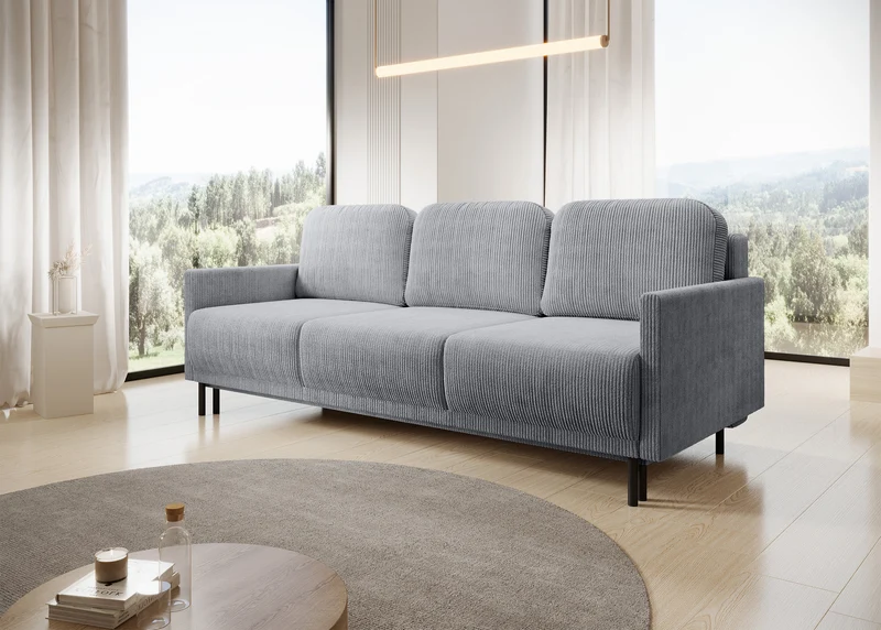 Dreisitziges ausklappbares Sofa Hamiel mit Stauraum, hellgrauer Cordstoff