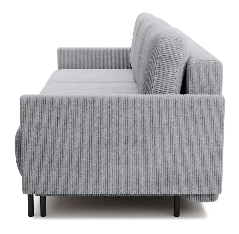 Dreisitziges ausklappbares Sofa Hamiel mit Stauraum, hellgrauer Cordstoff