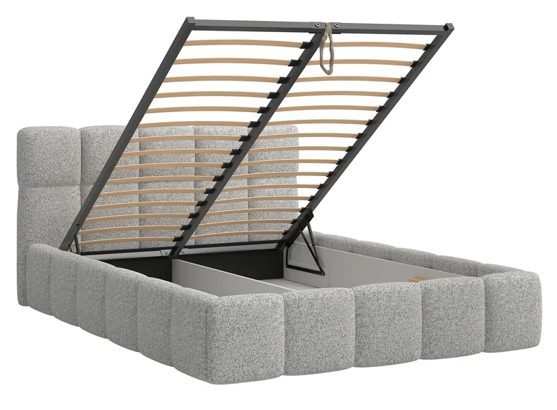 Gepolstertes Bett 160x200 cm Cloudy mit Stauraum, hellgraues Geflecht, Metallrahmen