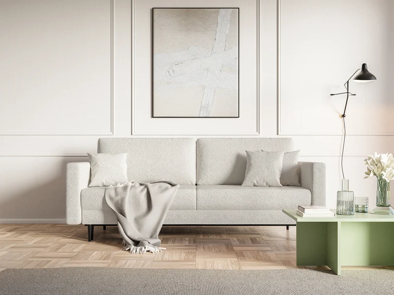 Dreisitziges ausklappbares Sofa Valico, cremefarbenes Bouclé, schwarze Beine