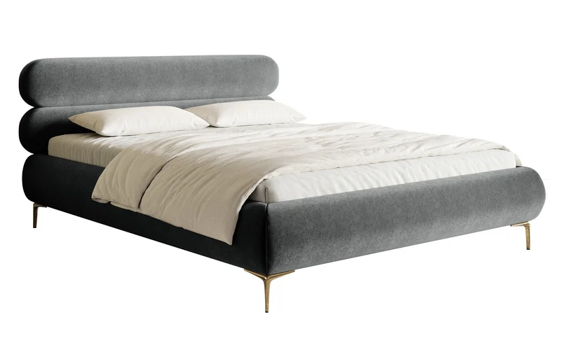 Gepolstertes Bett 160x200 cm Roule mit Stauraum, Metallrahmen, grauer, wasserabweisender Samt, goldene Beine