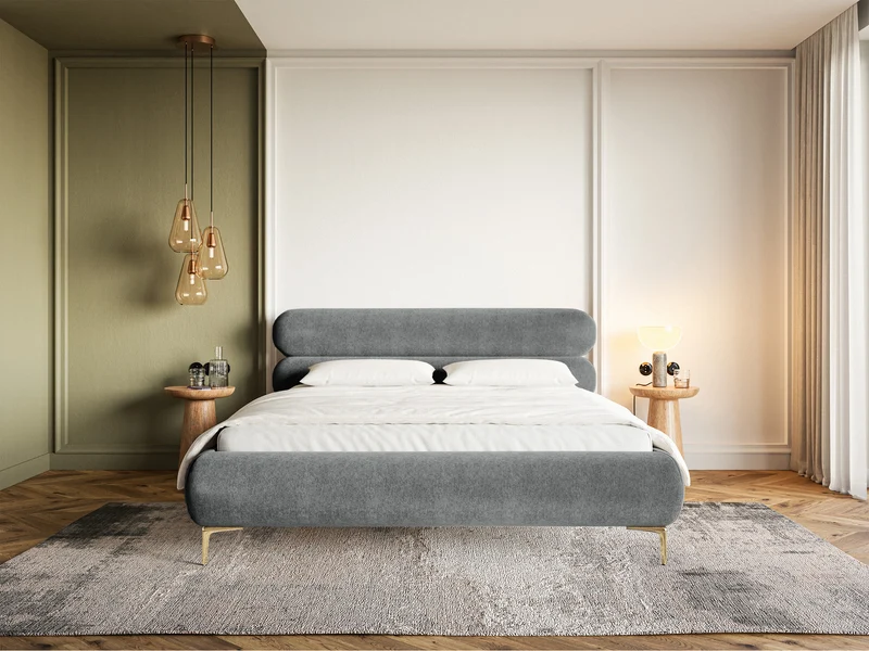 Gepolstertes Bett 160x200 cm Roule mit Stauraum, Metallrahmen, grauer, wasserabweisender Samt, goldene Beine