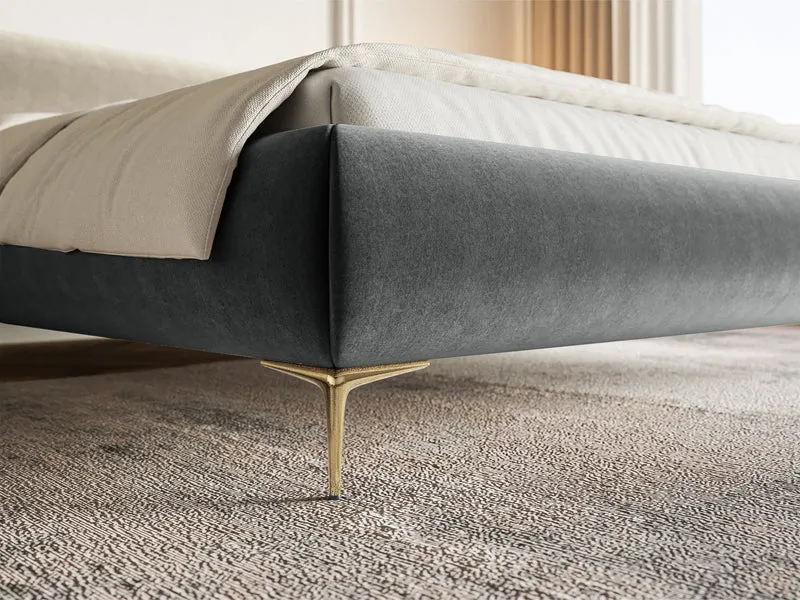 Gepolstertes Bett 160x200 cm Roule mit Stauraum, Metallrahmen, grauer, wasserabweisender Samt, goldene Beine